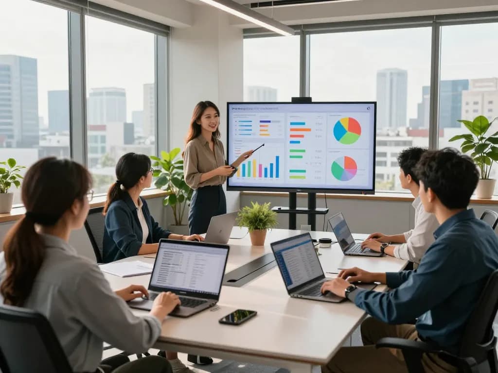 Collaborative office scene showcasing tech gadgets for productivity, with a diverse team engaged in a presentation and using laptops.
