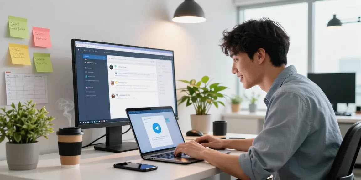 Young professional excitedly using Telegram web version on a laptop in a modern office workspace.