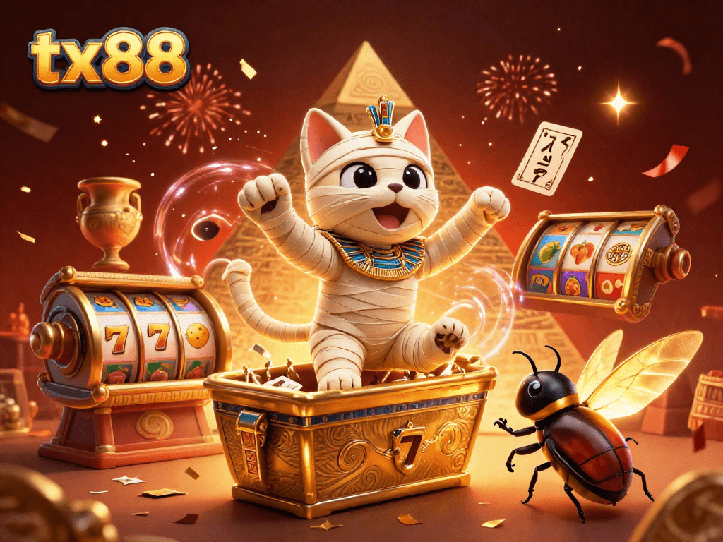 Play exciting slots at tx88 with a cartoon mummy cat in a festive casino scene.