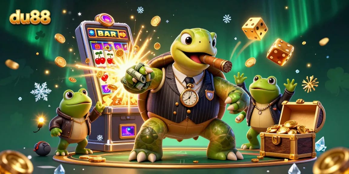 Experience thrilling casino adventures with du88 featuring a cartoon mobster turtle and slot machine explosions.