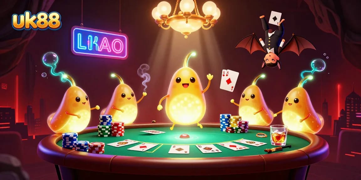 uk88 casino scene with glowworms and a bat dealer at a vibrant poker table.