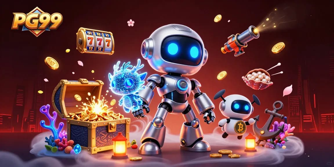 Experience thrilling gaming at PG99 with dynamic 3D characters amidst floating slot machines and treasure.