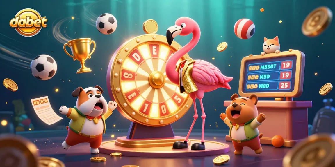 dabet showcases a vibrant casino scene with a flamingo game show host, bulldog contestant, and prizes!