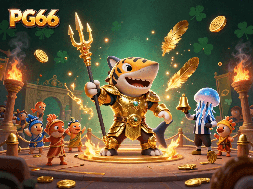 Experience thrilling gambling action with PG66, featuring a majestic shark gladiator and vibrant underwater casino elements.