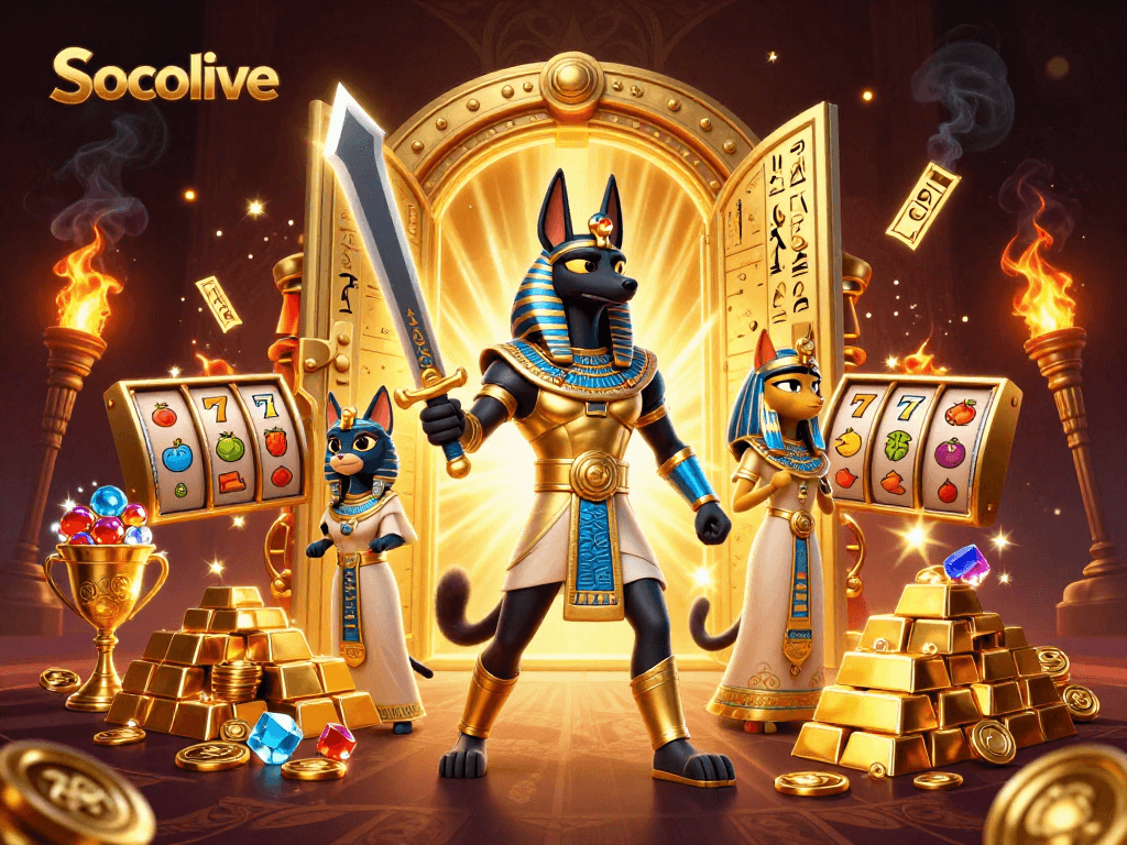 Socolive enhances your gaming experience with a vibrant 3D illustration capturing Anubis and Bastet in a thrilling casino scene.