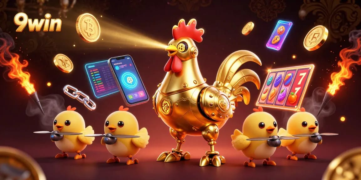 Engage in thrilling 9win casino action with a retro-futuristic rooster and crypto elements.