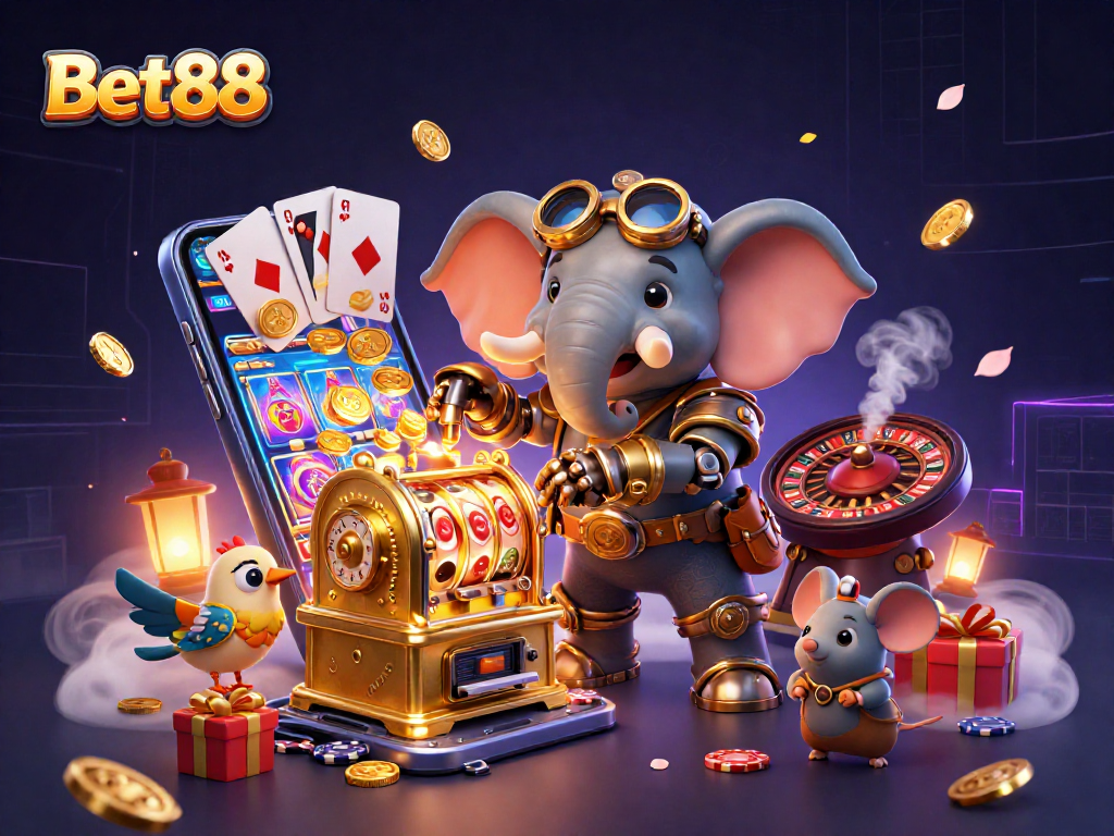 Experience exciting Bet88 with a 3D steampunk elephant and gaming elements in dynamic illustration
