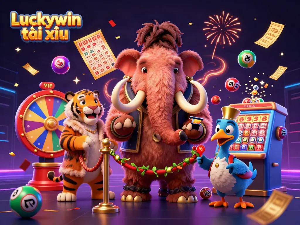 Engage with Luckywin tài xỉu as colorful lottery elements dynamically bounce around charming characters.
