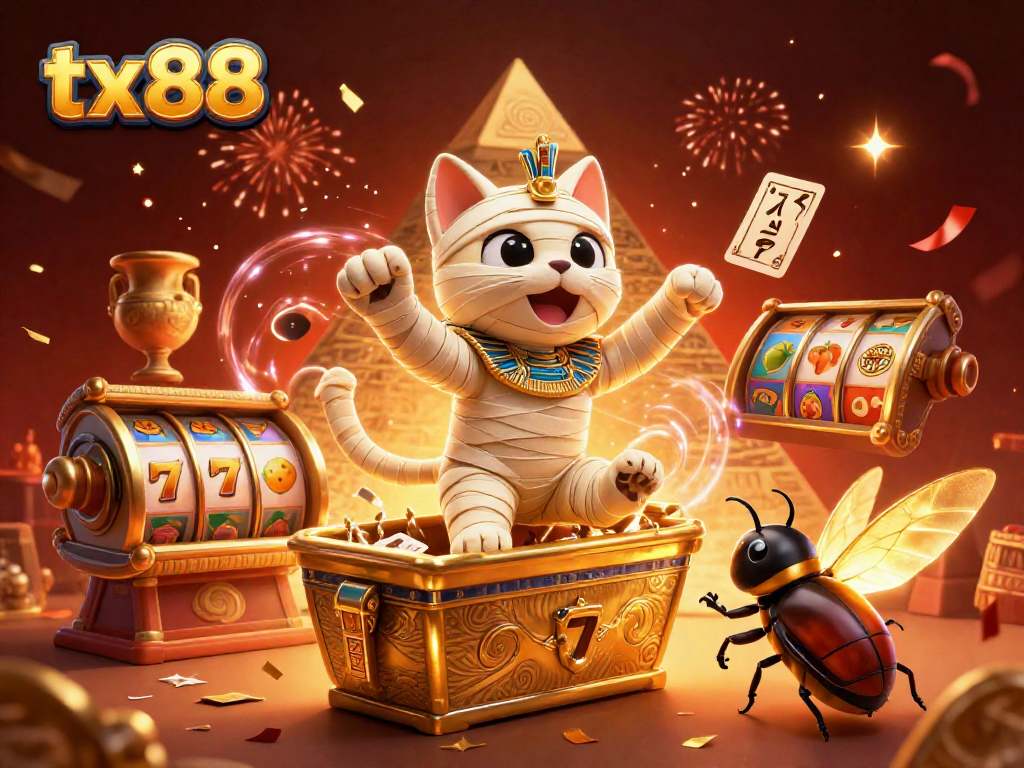 Play exciting slots at tx88 with a cartoon mummy cat in a festive casino scene.