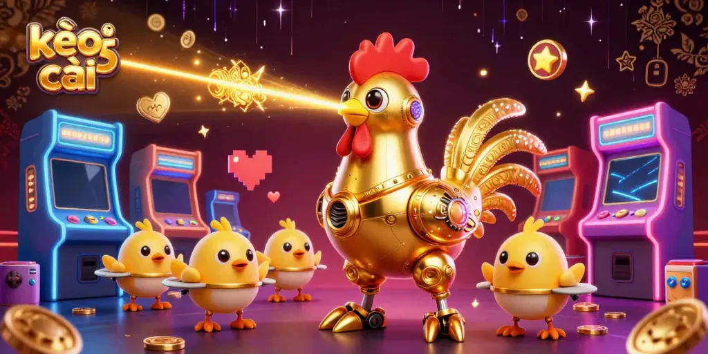 Celebrate kèo nhà cái 5 with a vibrant 3D illustration of a golden rooster robot and baby chick drones in a casino.