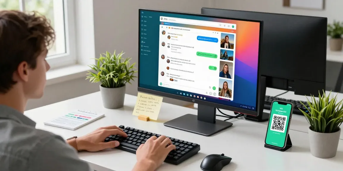 Working professional using WhatsApp電腦版 on desktop computer in a modern workspace with vibrant atmosphere.