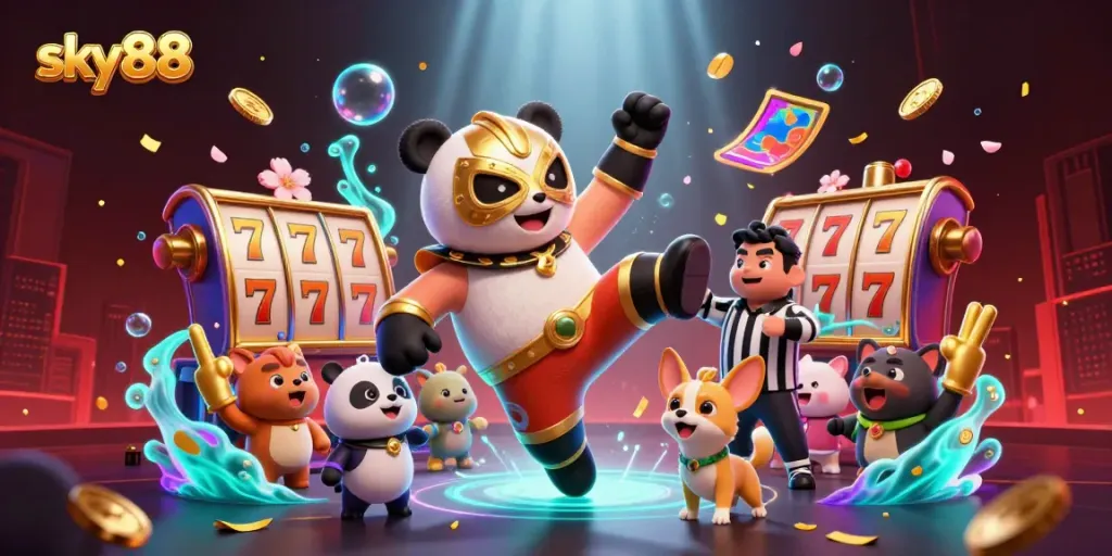 Engage with exciting gameplay at sky88 with a dynamic wrestling scene accentuated by vibrant casino elements.