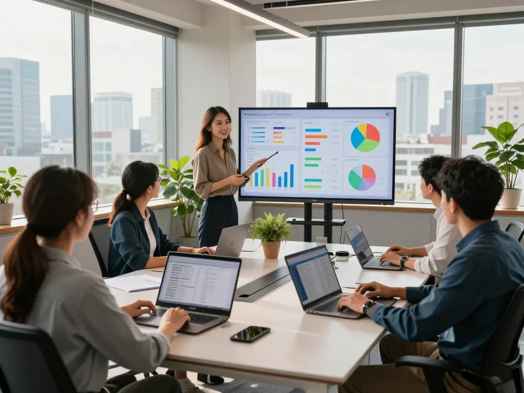 Collaborative office scene showcasing tech gadgets for productivity, with a diverse team engaged in a presentation and using laptops.