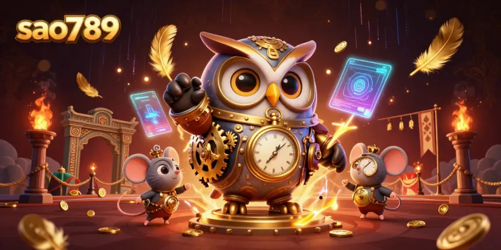 Experience vibrant action with Sao789's captivating steampunk casino scene, featuring a dynamic owl and mouse duo.