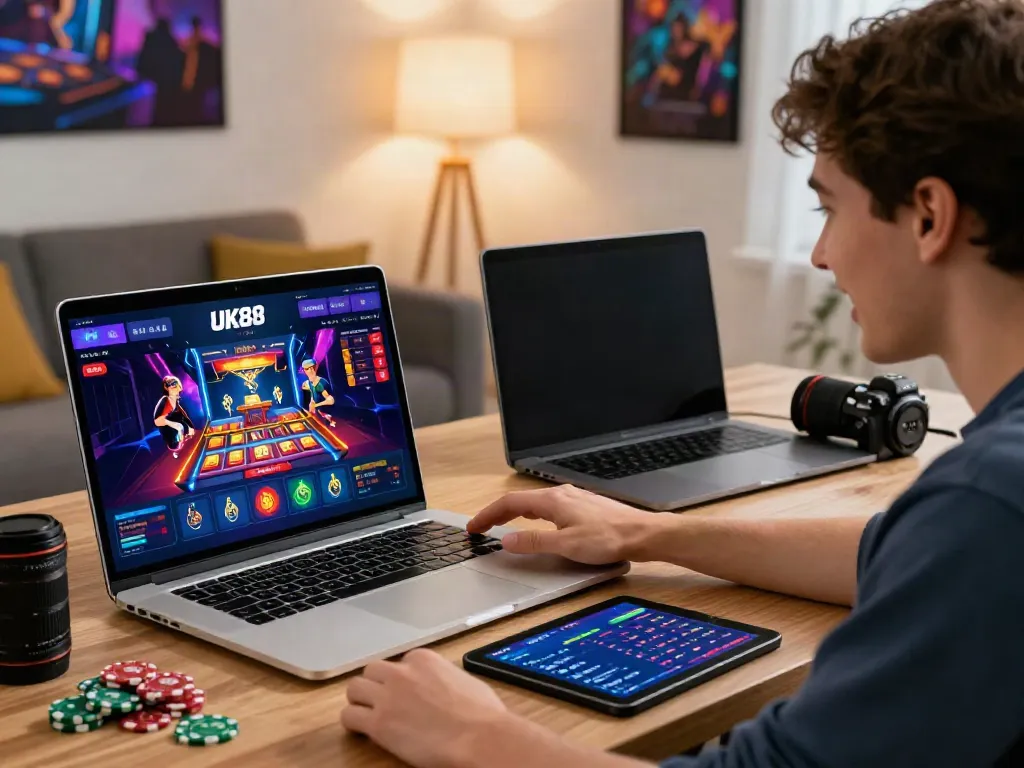 Engaging UK88 online gaming experience with a player placing bets on a sleek laptop in a cozy living room.