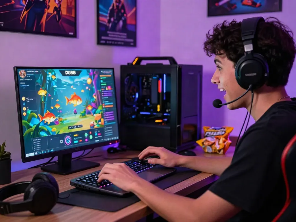 Engaged player enjoying DU88 gaming experience with vibrant graphics and accessories.