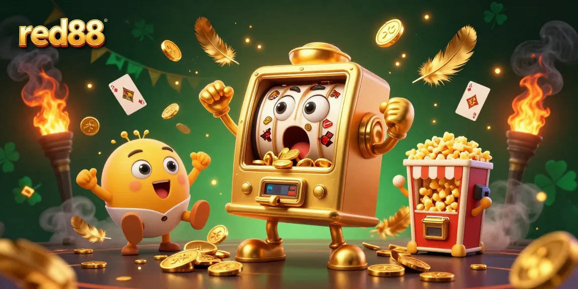 Experience the excitement at red88 as a shocked golden slot machine hits a jackpot amidst cheering baby slots and gold coins.