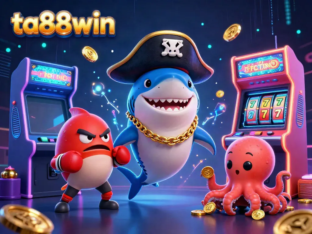 Engage with ta88win's dynamic casino atmosphere featuring a pirate shark, pufferfish, and octopus amidst jackpots and glowing game elements.