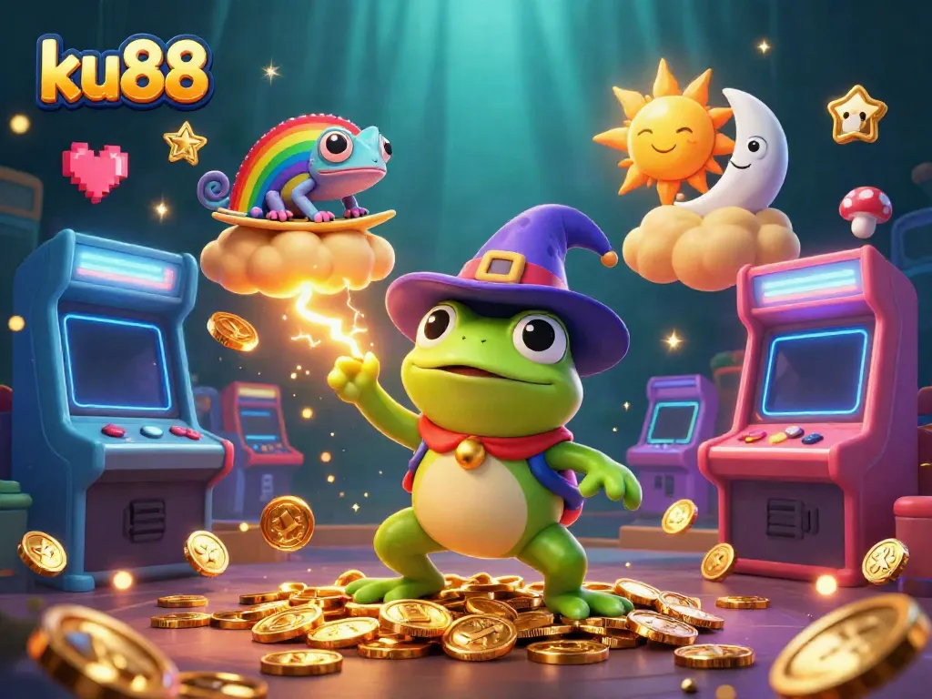 Experience the thrill of ku88 with a magical scene of a wizard frog creating golden coin storms amidst vibrant arcade elements.