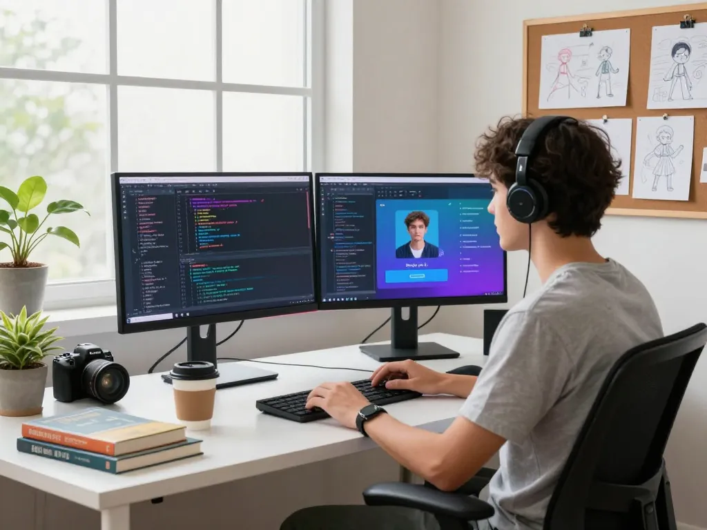 Engaging workspace featuring a tech professional coding with spicy AI character chat interface.