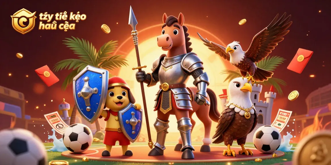 Engage with tỷ lệ kèo nhà cái through vibrant sports betting scene featuring a knight, puppy, and falcon.