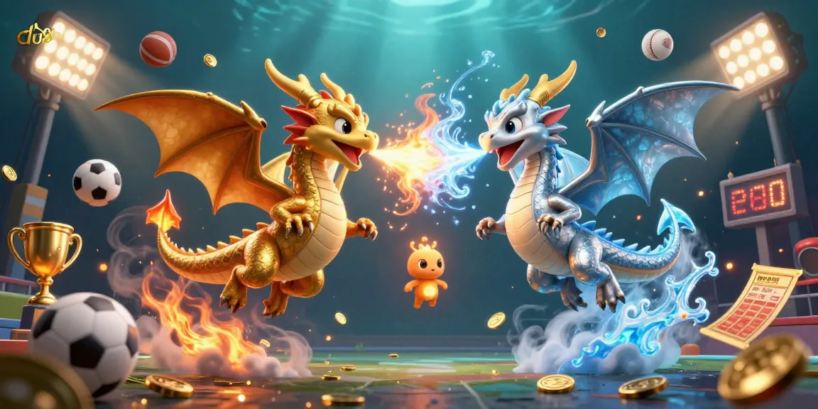 Experience the thrills of du88 with dynamic 3D dragons and sports elements in a vibrant casino scene.