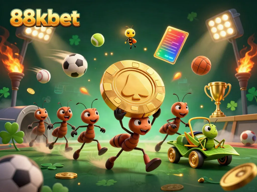 Ants in a heist carrying a giant golden poker chip for 88kbet amidst dynamic sports elements.