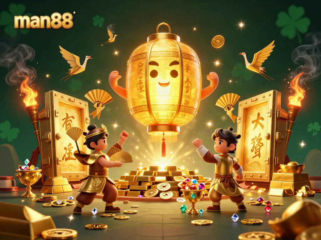 Engage in thrilling games at man88, witnessing vibrant golden lantern spirits amidst dazzling casino treasures.