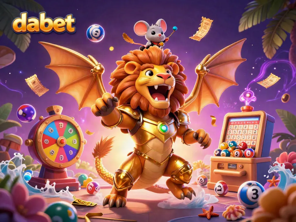 Dabet casino scene featuring a chimera creature with a mouse jockey celebrating amidst colorful lottery elements and a festive atmosphere.