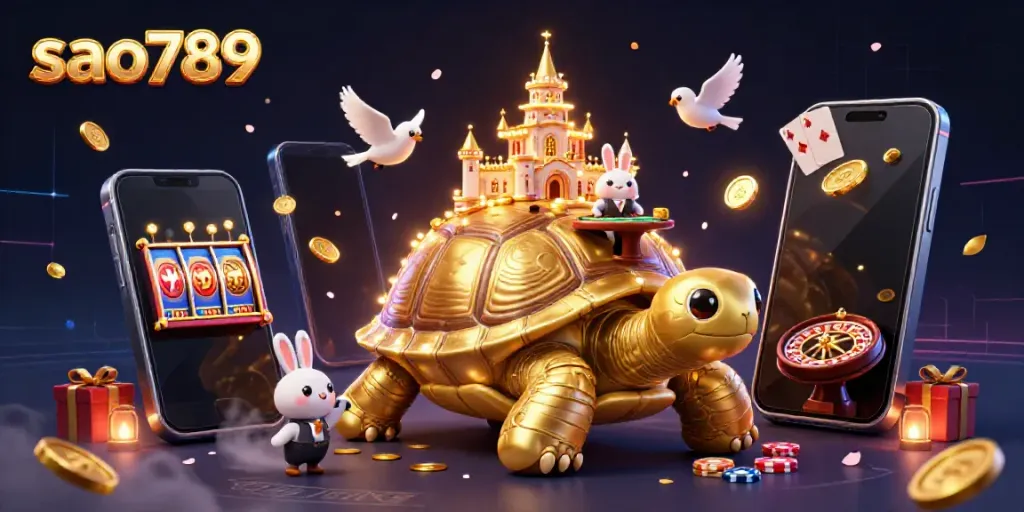 Experience excitement at sao789 with a golden tortoise casino and a rabbit dealer in a vibrant 3D scene.
