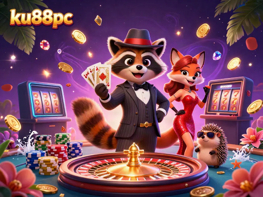 Experience the vibrant gaming world at ku88pc with a stylish raccoon and friends amidst flying coins and cards.