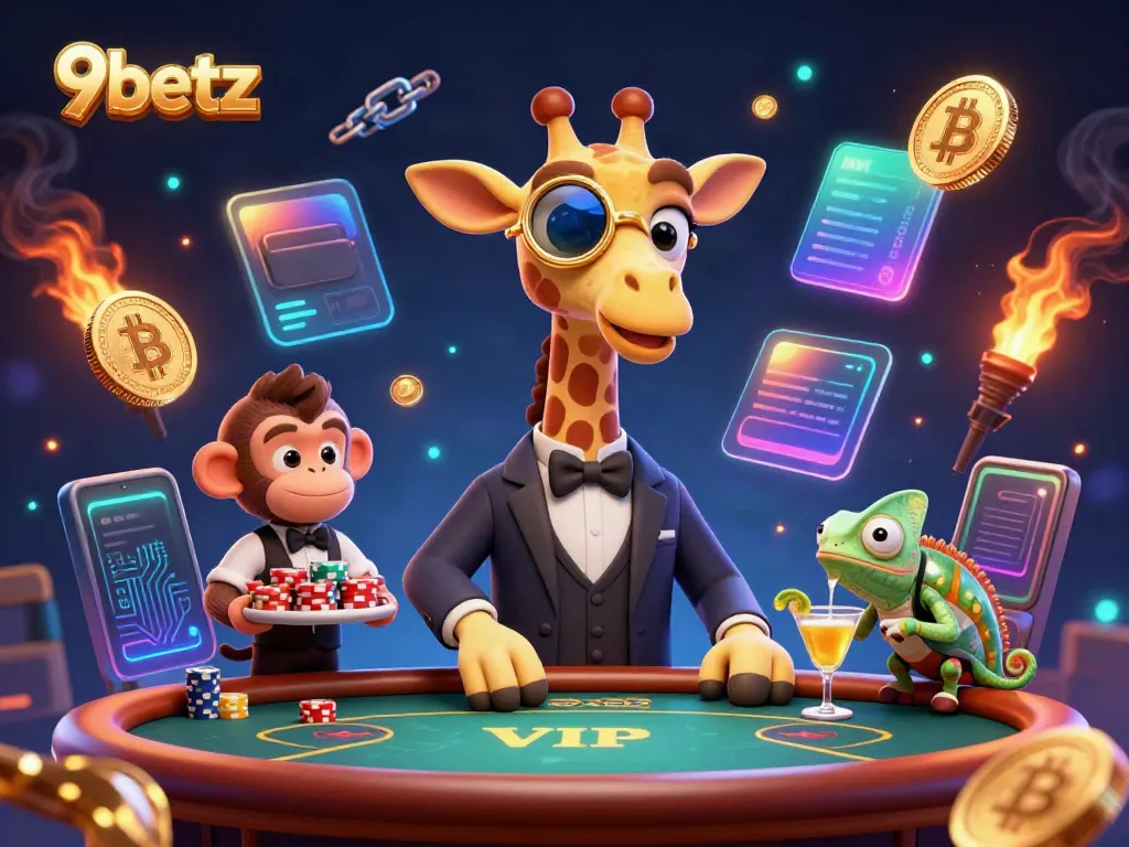 Experience thrilling gaming at 9betz featuring high-roller giraffe, vibrant games, and crypto elements.