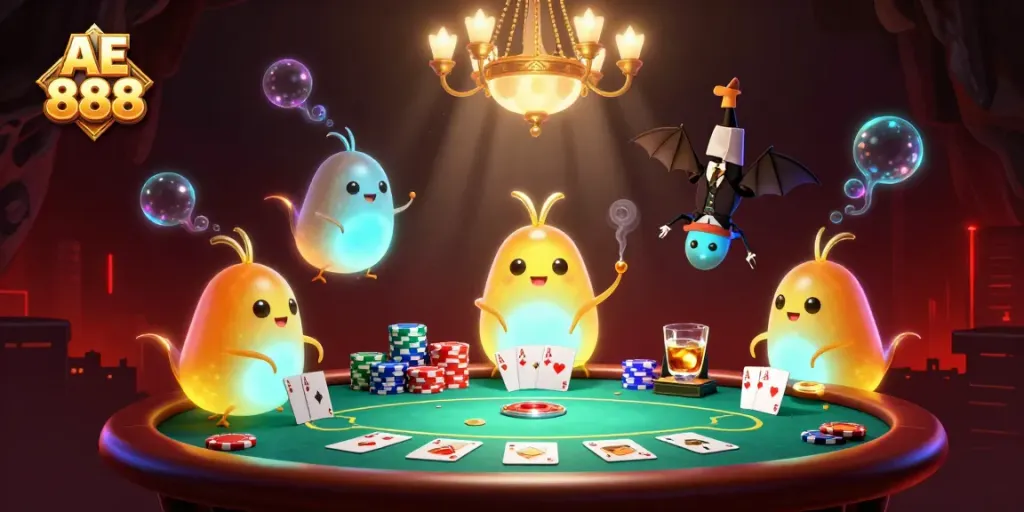 Engage with AE 888 in a vibrant 3D casino scene illuminated by glowworms and a bat dealer.