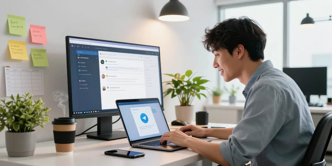 Young professional excitedly using Telegram web version on a laptop in a modern office workspace.