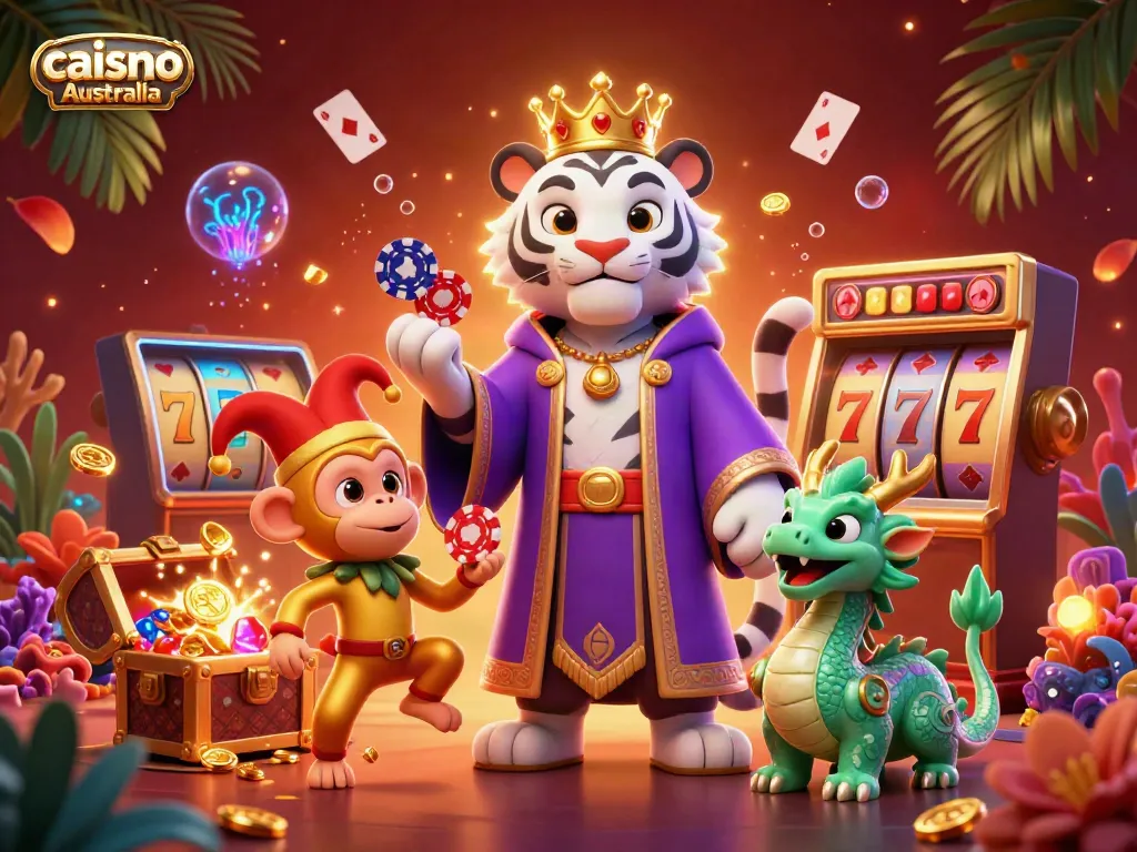 Experience the vibrant world of caisno Australia with a regal tiger, playful monkey, and mystical dragon amid colorful gaming elements.