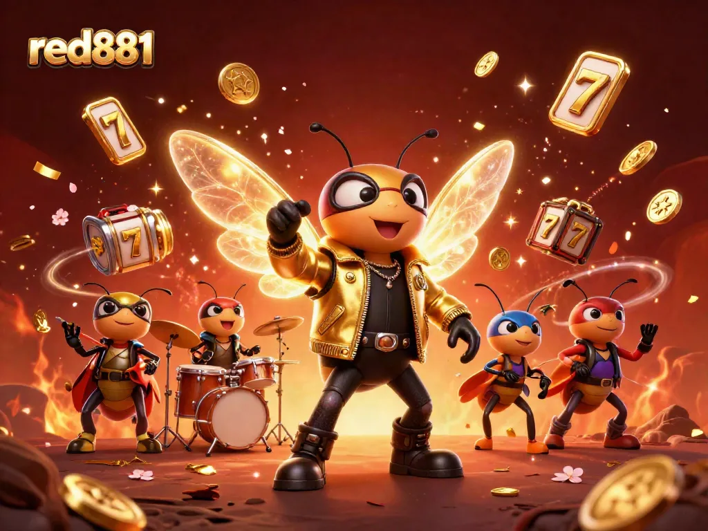 Engage in thrilling gameplay at red881 with a lively 3D illustration featuring rock star insects, dynamic casino elements, and vibrant colors.