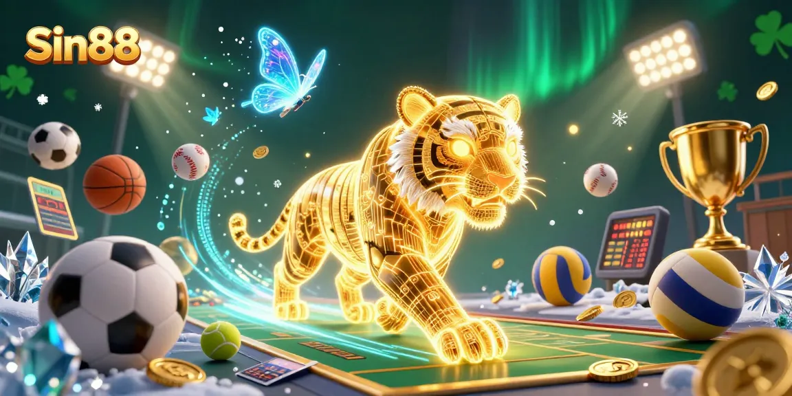 Win big with Sin88 in this vibrant digital casino world filled with sports elements and holographic features.