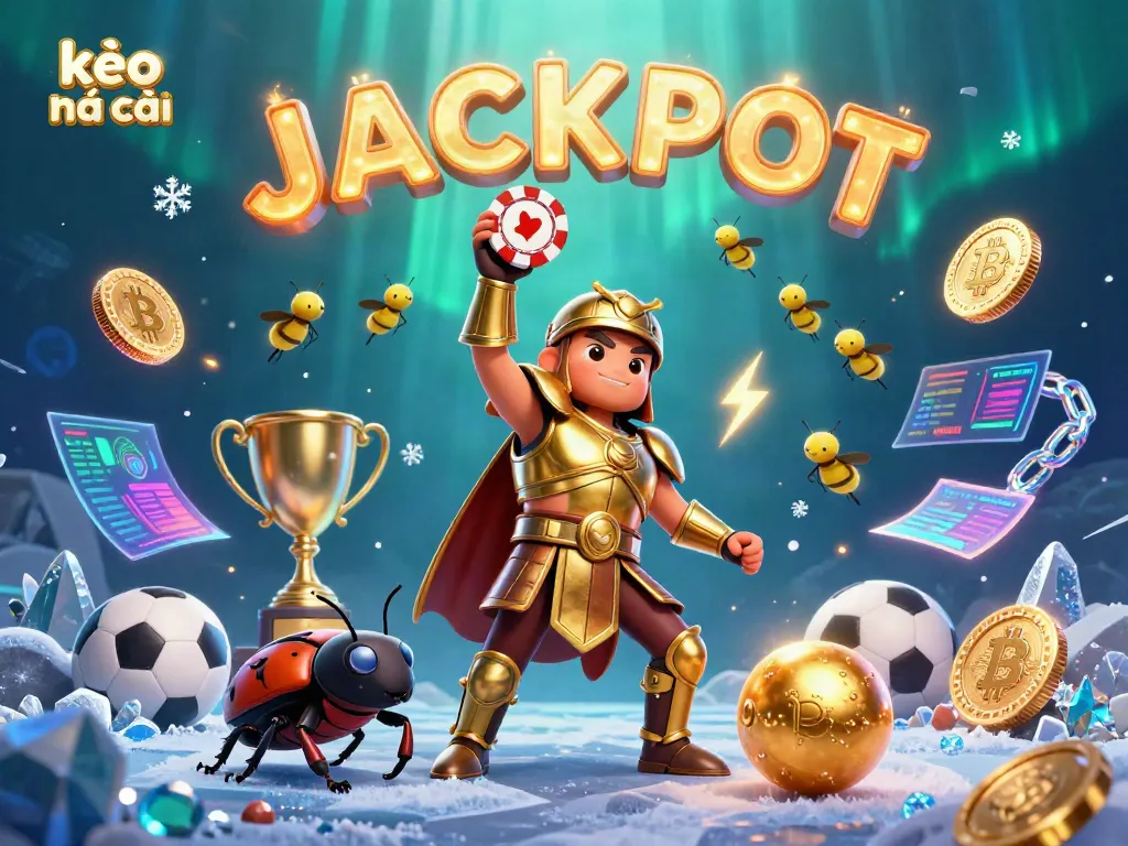 Engage with the kèo nhà cái as a 3D cartoon hercules beetle lifts a poker chip in victory, surrounded by vibrant betting elements and sports.