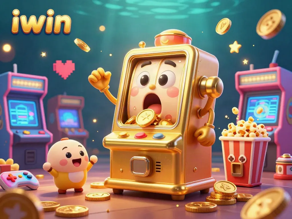 Experience the excitement of iwin as a golden slot machine hits the jackpot, surrounded by cheering machines and colorful game elements.