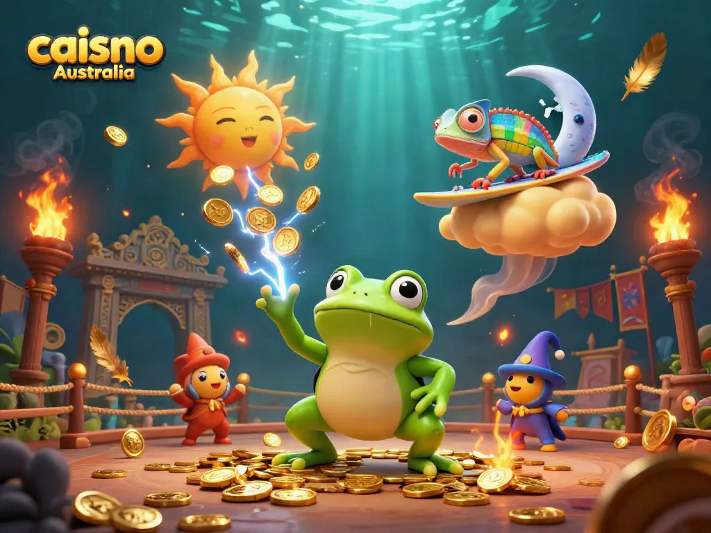 Experience winning moments at caisno Australia with a wizard frog showering gold coins in a vibrant casino scene.