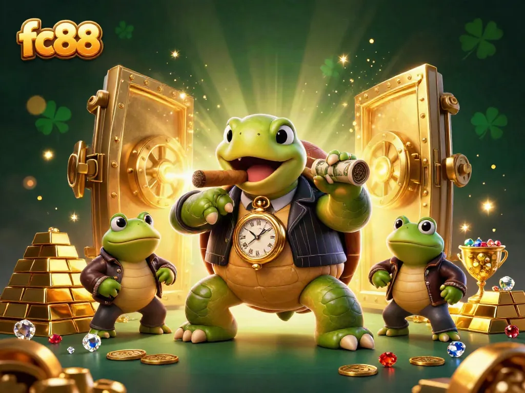 Experience the thrilling world of fc88 with a cartoon turtle mobster and bullfrogs amidst casino treasures.