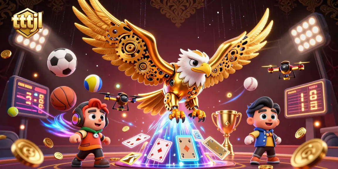 Bet on exciting gameplay with tttjl and a 3D cybernetic golden eagle in a vibrant casino scene.