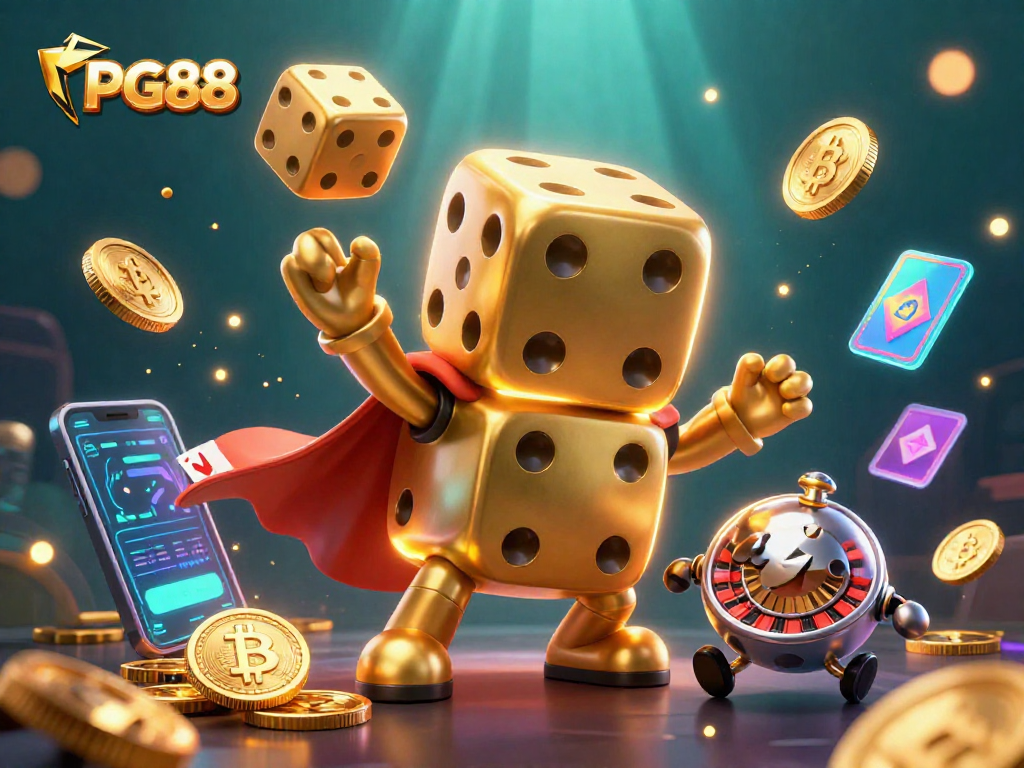 Engage with PG88 in this vibrant casino illustration featuring playful golden dice and crypto elements.