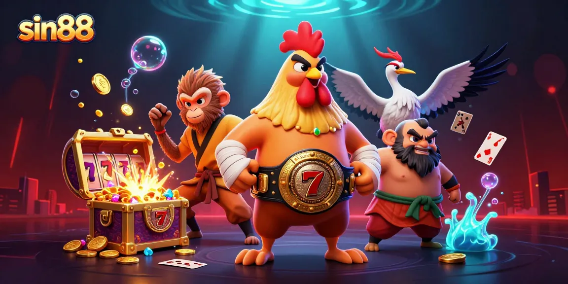 Engage with sin88's vibrant gaming world featuring Muay Thai rooster and Shaolin monkey in a colorful casino showdown.