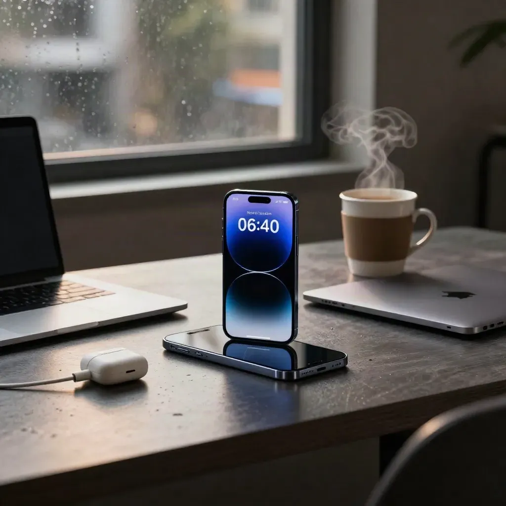 Yağmur sonrası sabah masasında parlayan telefon, tablet, dizüstü, kulaklık ve buharlı kahve.