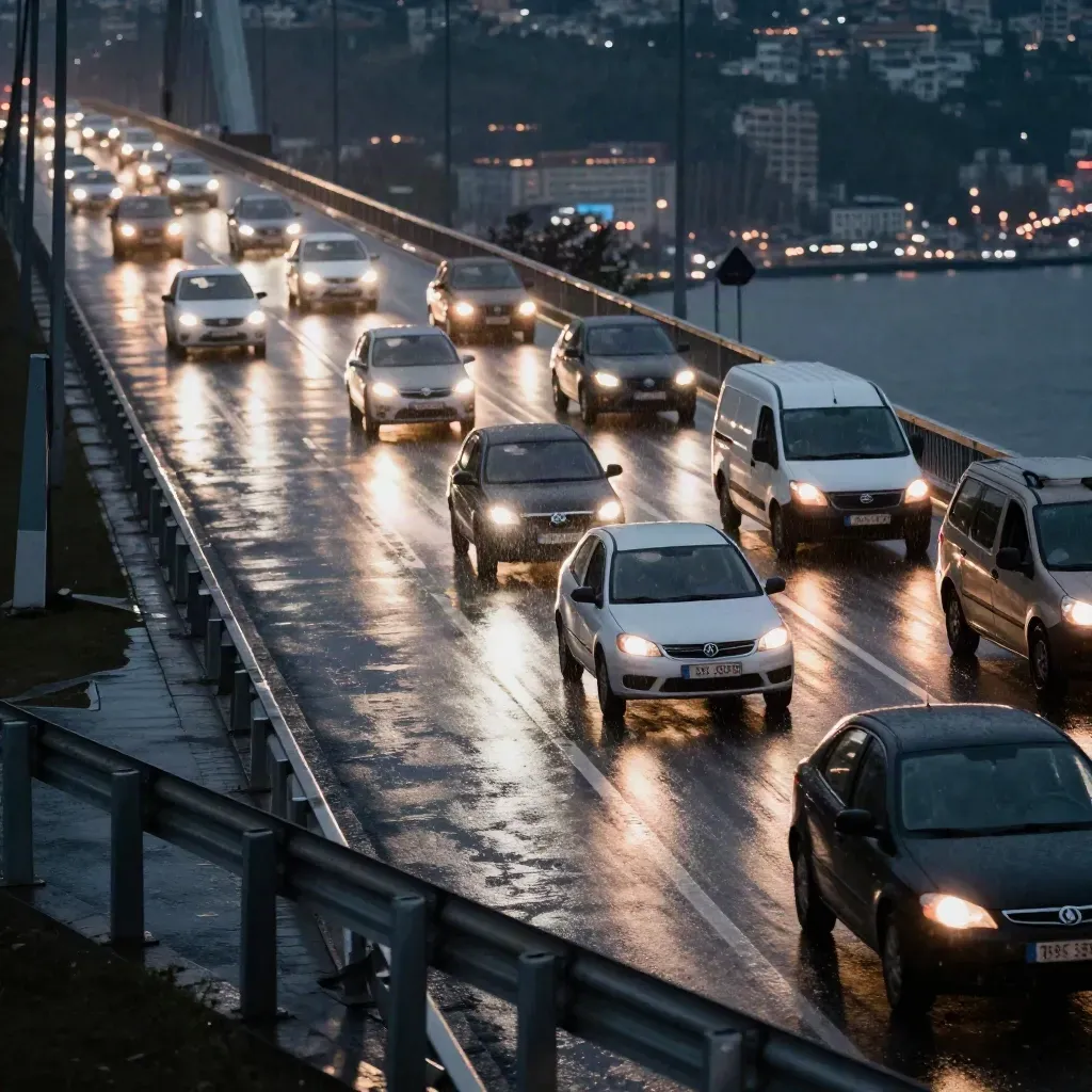 Bosphorus bağlantı yolunda akşam trafiği, ıslak asfalt ve uzayan far izleri