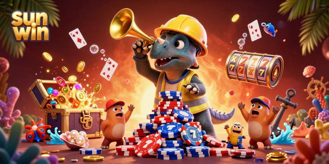 Experience the sun win adventure with vibrant casino-themed 3D characters celebrating a jackpot.
