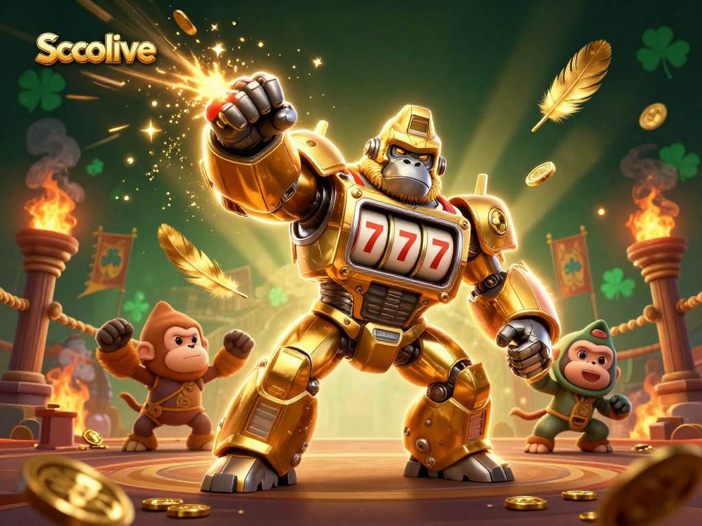 Socolive gaming experience featuring a golden gorilla mech and dynamic casino elements.