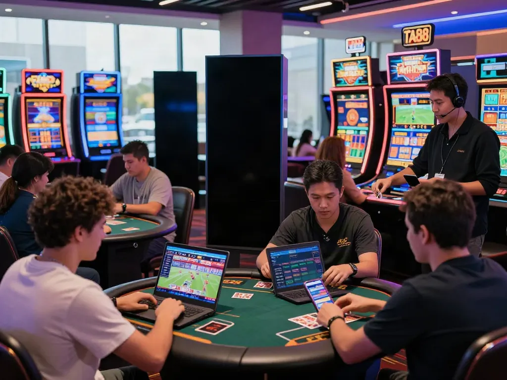 Engaged players using TA88 platform in vibrant online casino atmosphere.