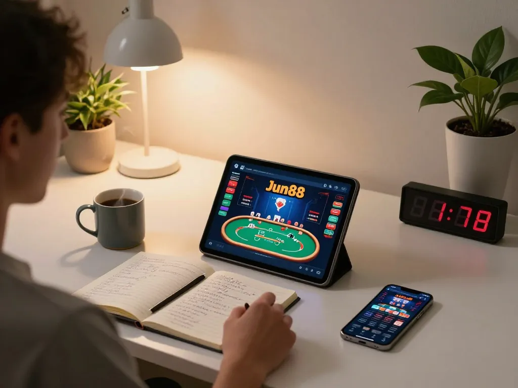 Player engaging with Jun88 online poker interface on a tablet in a cozy home setting.